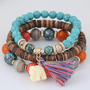 Tassel Bracelets & Bangles - Wooden & Stone Set - Boho style